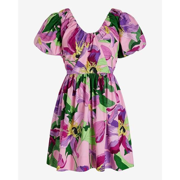 Express Floral Puff Sleeve Mini Dress w/ Pockets Bow Back Large - Picture 1 of 8